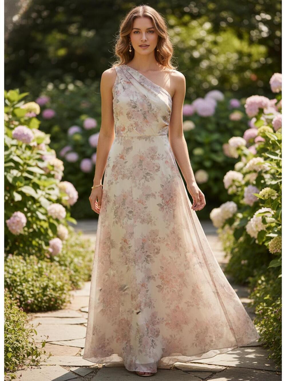 Birdy Grey One Shoulder Pastel Floral Romantic Maxi Dress Size Medium